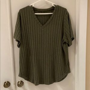 Olive Green V-Neck Ribbed Women's Top